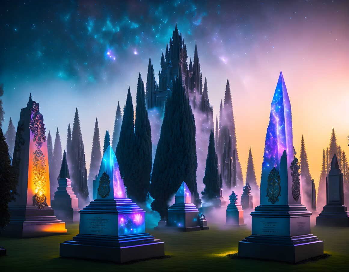 Fantasy landscape with glowing crystals, obelisks, castle, and starlit sky