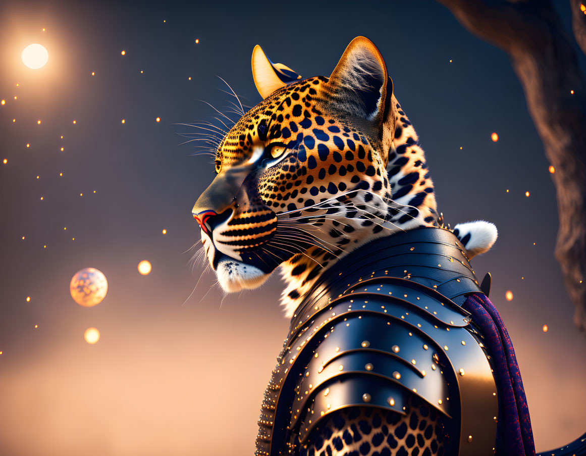 Leopard in samurai armor against twilight sky with orbs