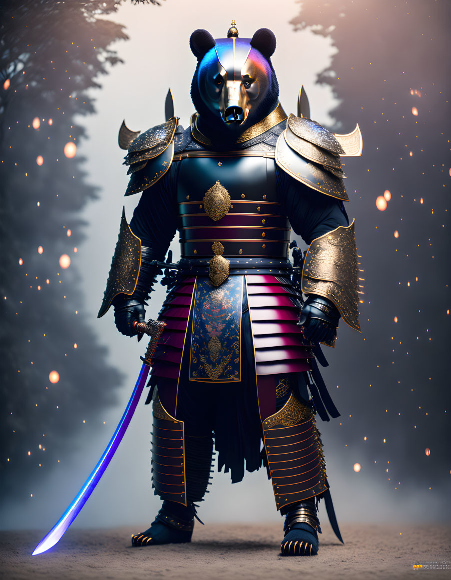 Anthropomorphic bear in samurai armor with glowing sword in misty forest