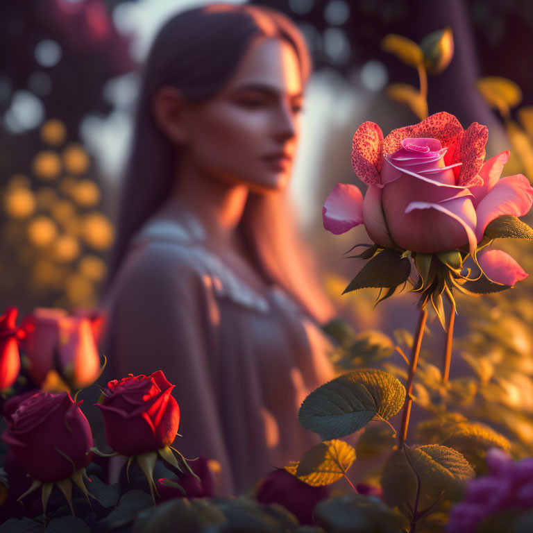 Woman observing vibrant rose in garden at sunset