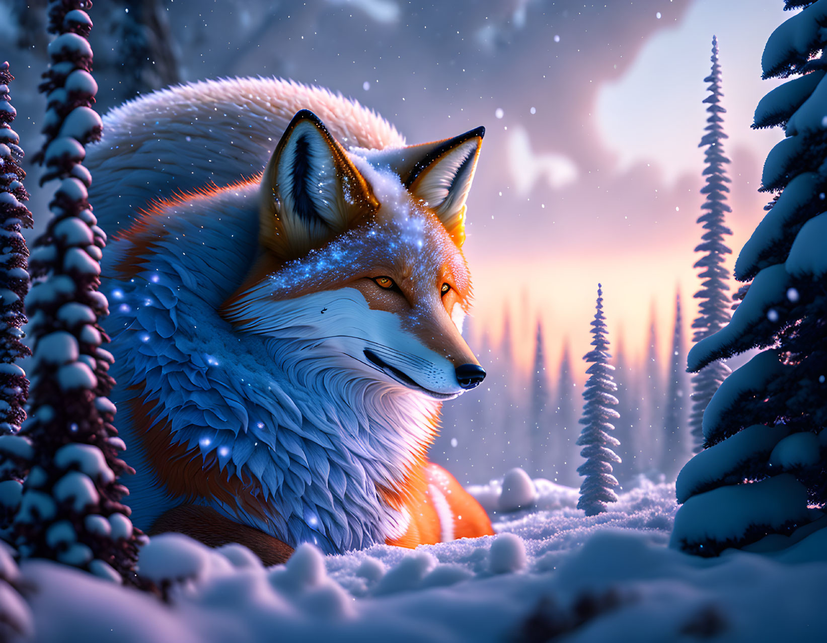 Majestic fox in snowy forest at sunset