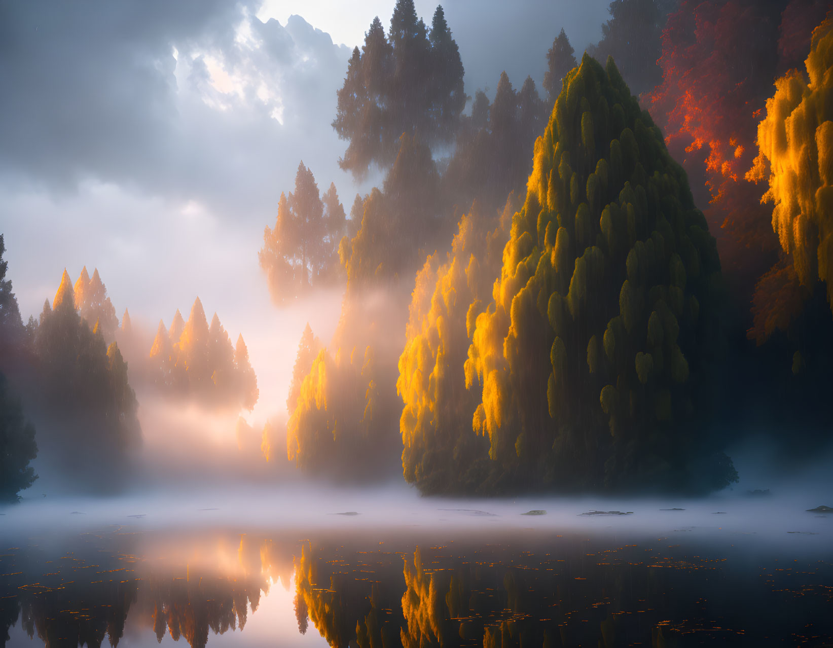 Misty Sunrise Scene: Lake, Sunbeams, Trees, Reflections