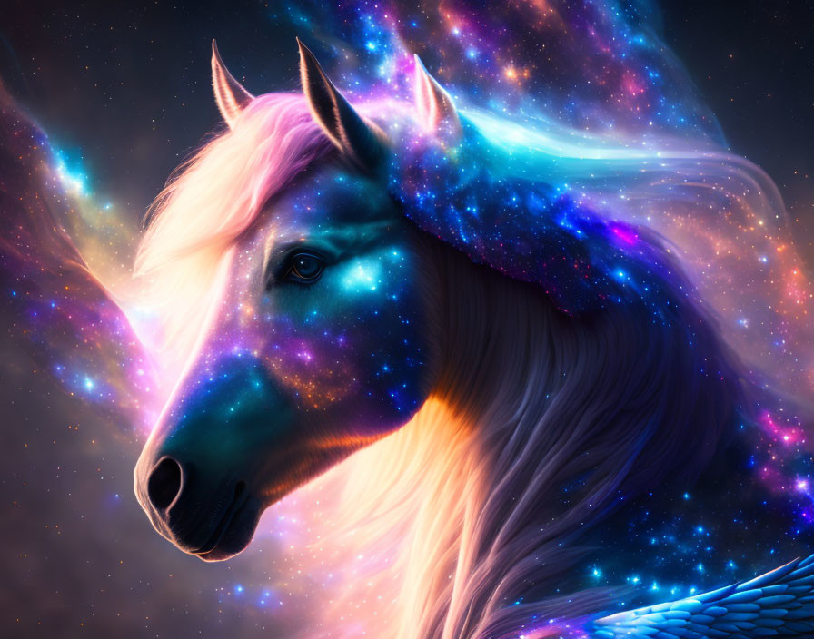 Colorful Unicorn with Cosmic Mane and Glowing Horn in Nebula Background