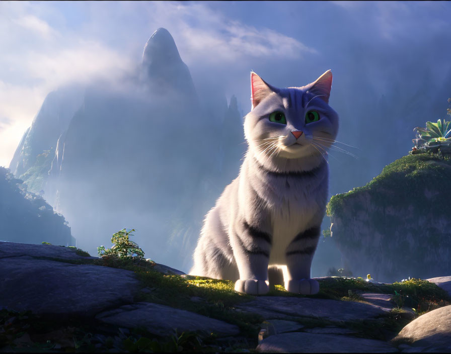 Stylized cat with blue-green fur in misty mountain landscape