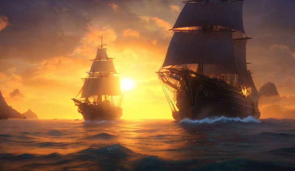 Majestic sailing ships at sunset on the ocean