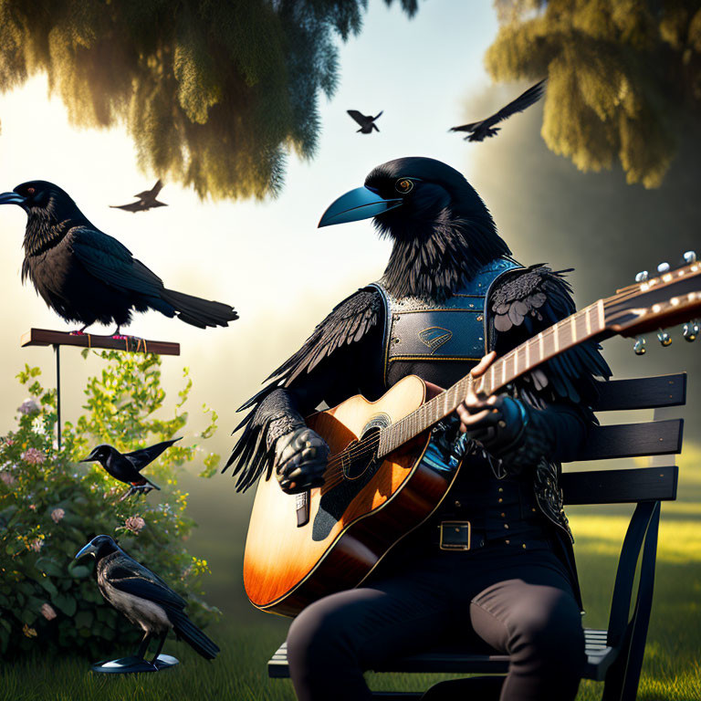 Anthropomorphic raven playing guitar surrounded by others in lush outdoor scene