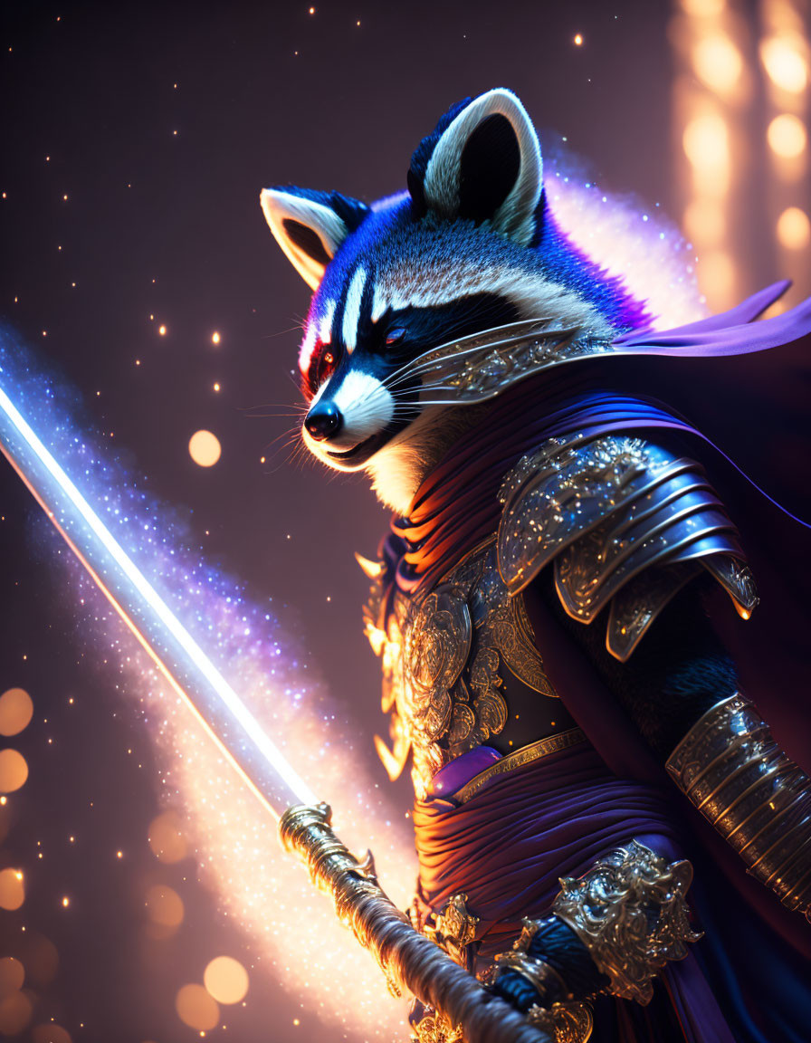 Anthropomorphic raccoon in regal armor with glowing sword against cosmic backdrop