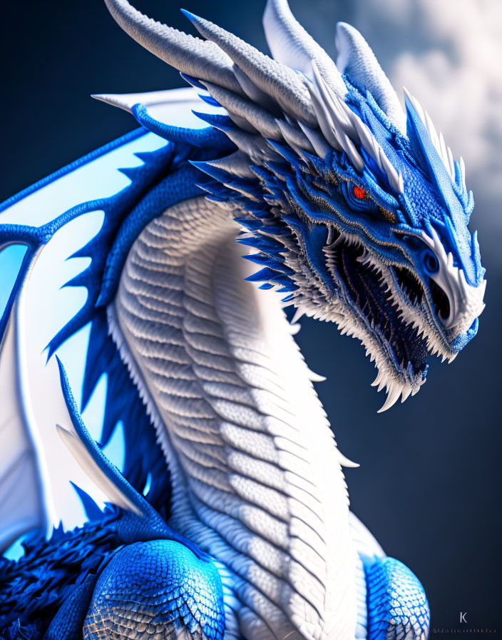 Majestic blue and white dragon with red eyes and sharp horns on cloudy background