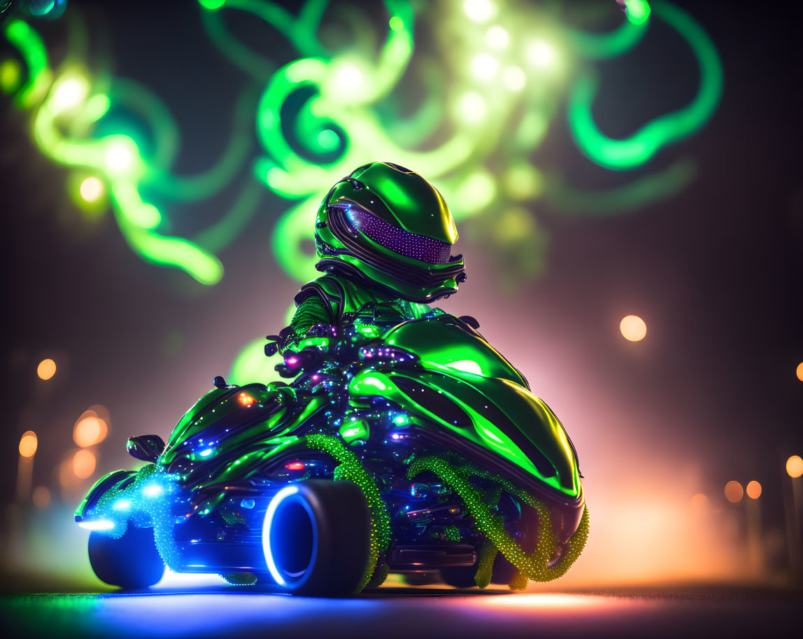 Futuristic green motorbike under swirling neon lights