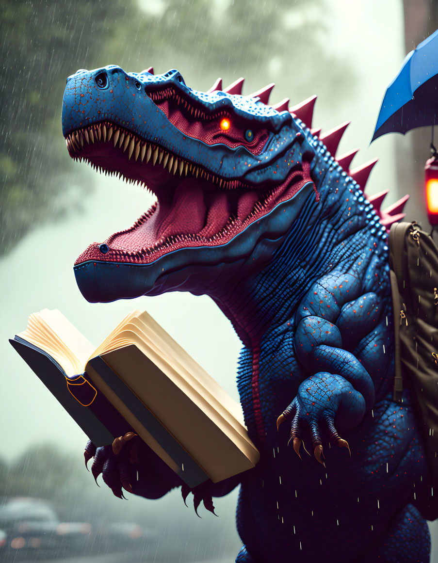 Blue dinosaur reading book in rain under umbrella with person