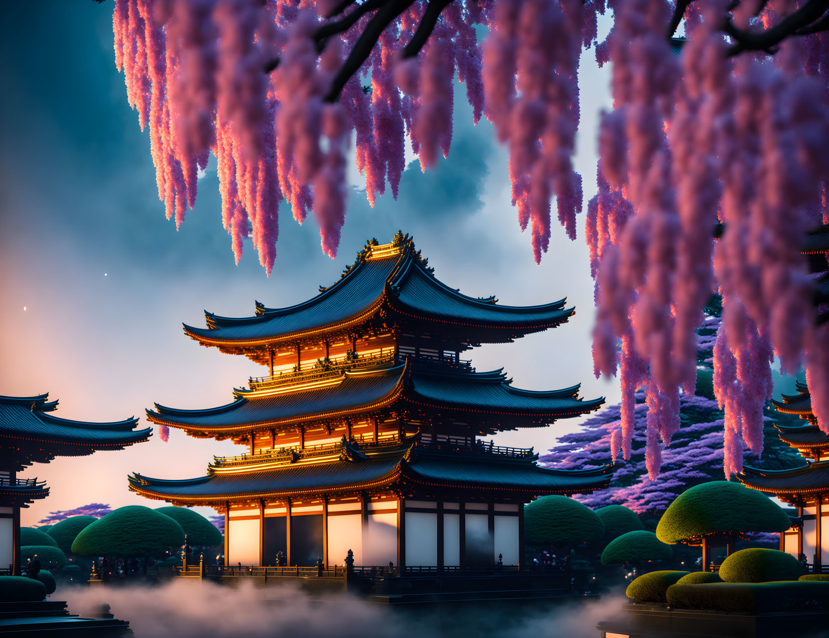 Traditional Japanese pagoda with vibrant wisteria at dusk