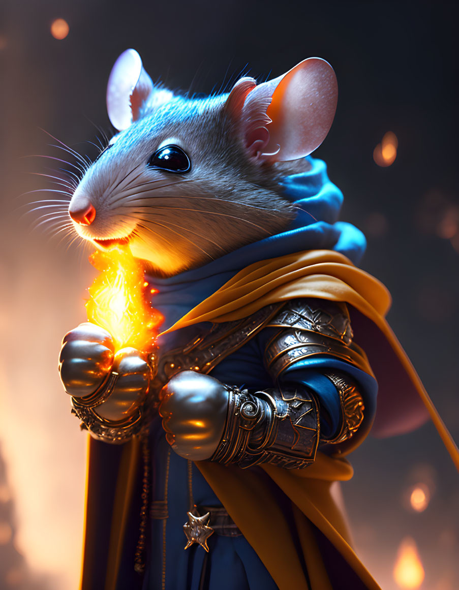 Anthropomorphic mouse in fantasy armor with magical flame and mystical background