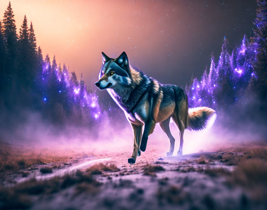 Majestic wolf in mystical forest under starry sky with purple glowing lights