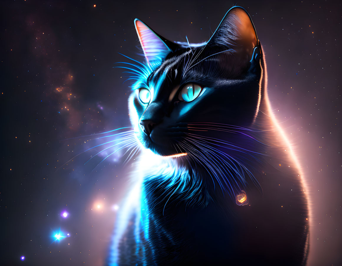 Black Cat with Glowing Blue Eyes in Cosmic Setting