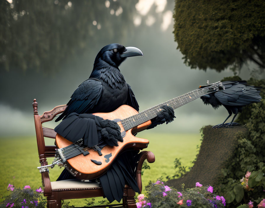Majestic raven with guitar on wooden chair in misty garden