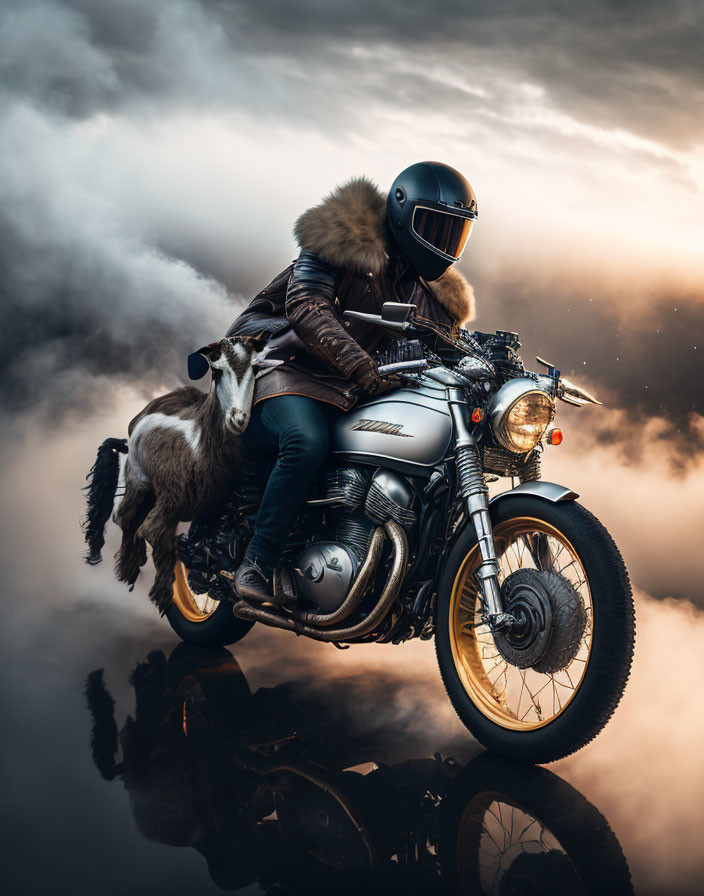 Motorcyclist with goat on back under dramatic sky and reflective surface