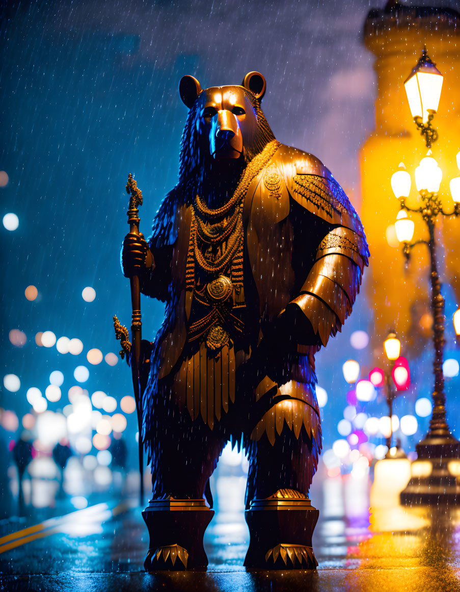 Ornate historical attire bear statue in rainy evening cityscape