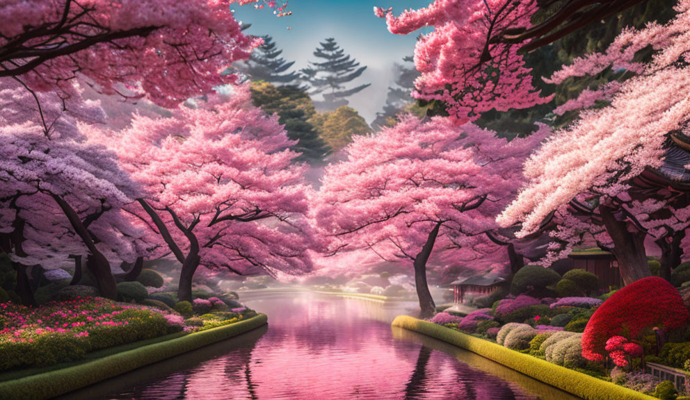 Tranquil River with Cherry Blossom Trees in Full Bloom