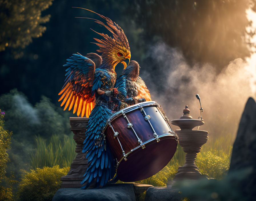 Colorful bird playing drum in misty sunlit woods