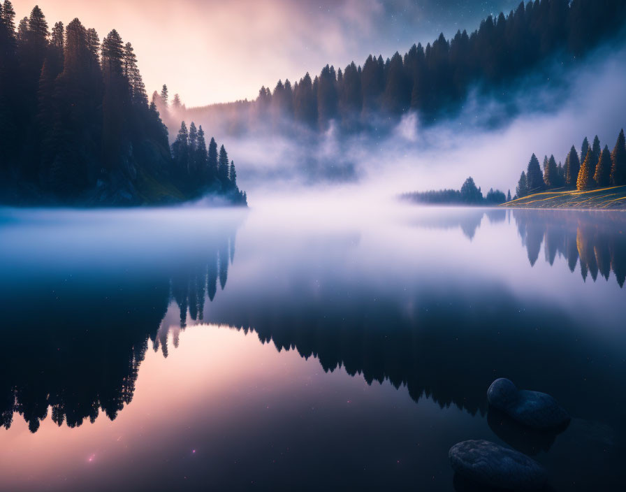 Tranquil lake with misty pine trees and golden sunrise reflection