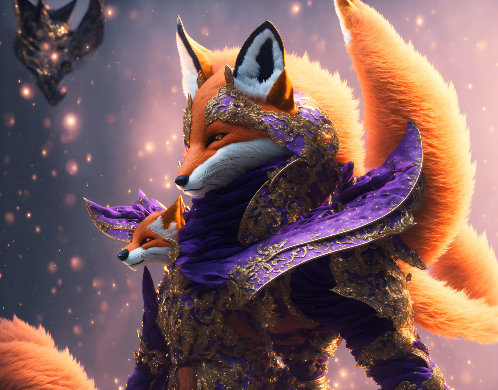 Two anthropomorphic foxes in ornate purple armor on floating rocks.