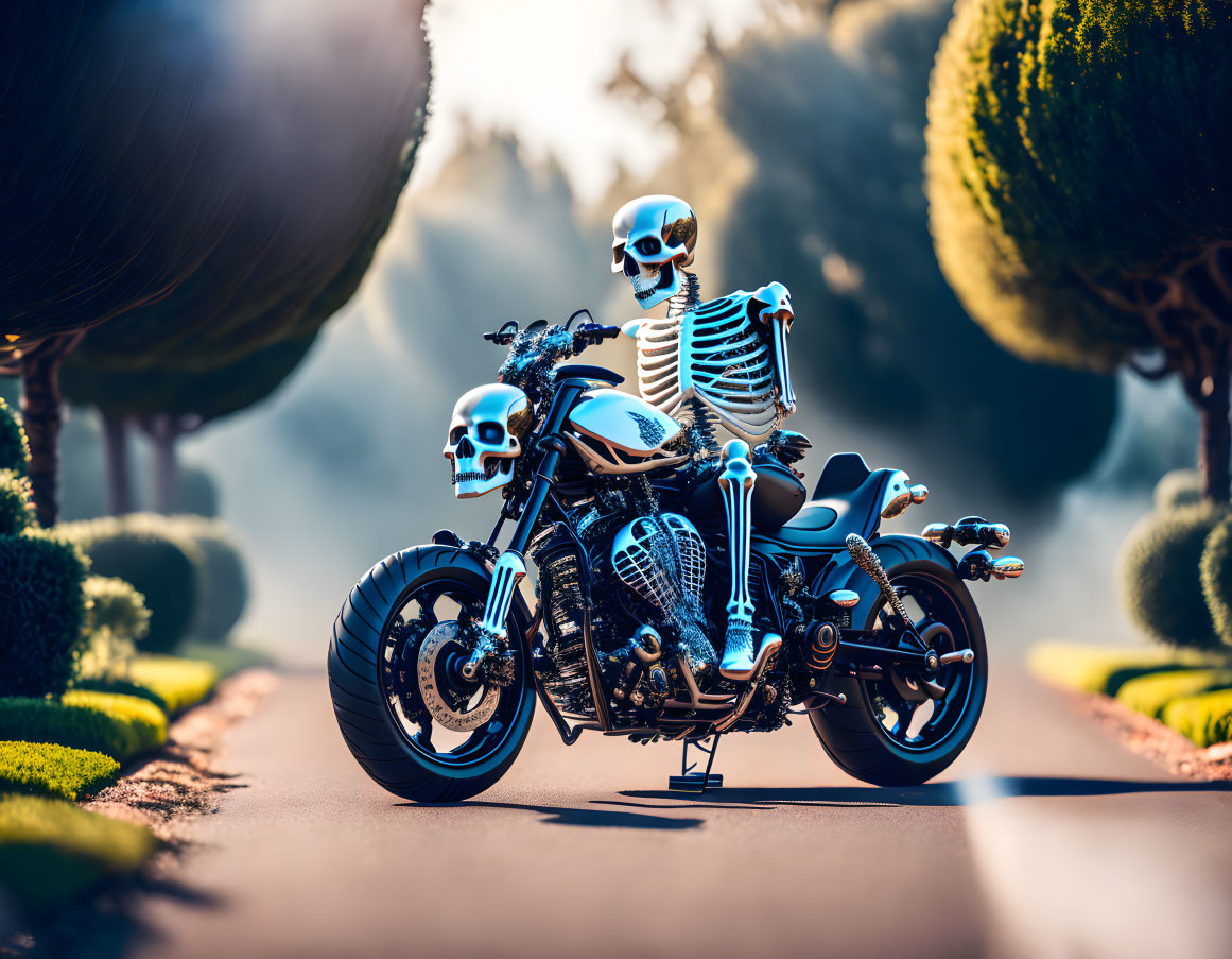 Skeleton Figurine on Miniature Motorcycle in Shrubbery Pathway