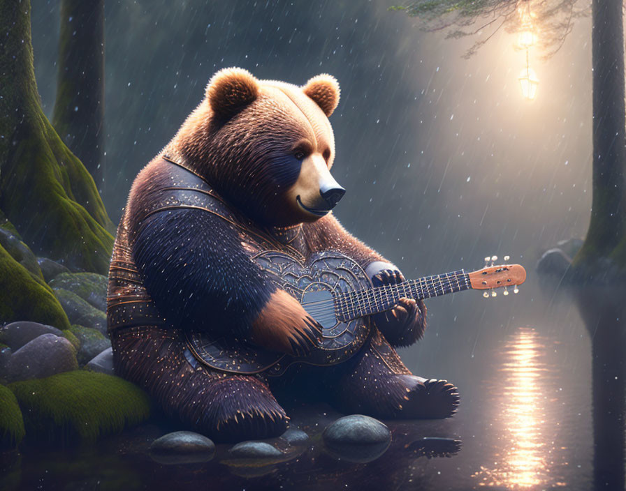 Armored bear playing guitar by forest stream in gentle sunlight