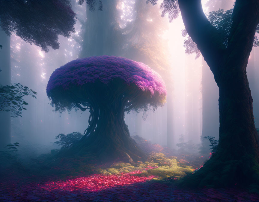 Majestic tree in enchanted forest with purple leaves, mist, and pink petals.