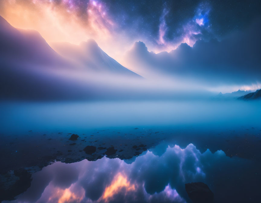 Misty Mountains Reflected in Still Water at Night