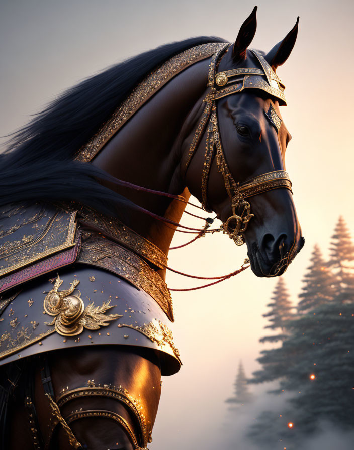 Brown horse in golden armor against forest backdrop