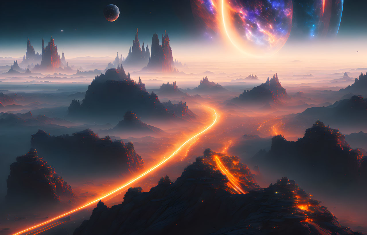 Fantastical landscape with glowing lava river and celestial sky