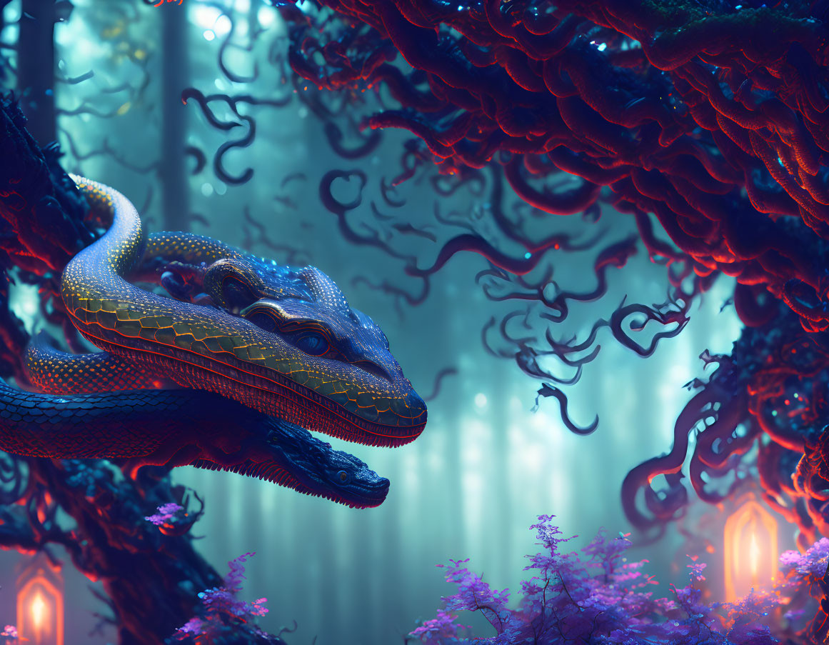 Ethereal forest scene with mystical serpent and glowing flora