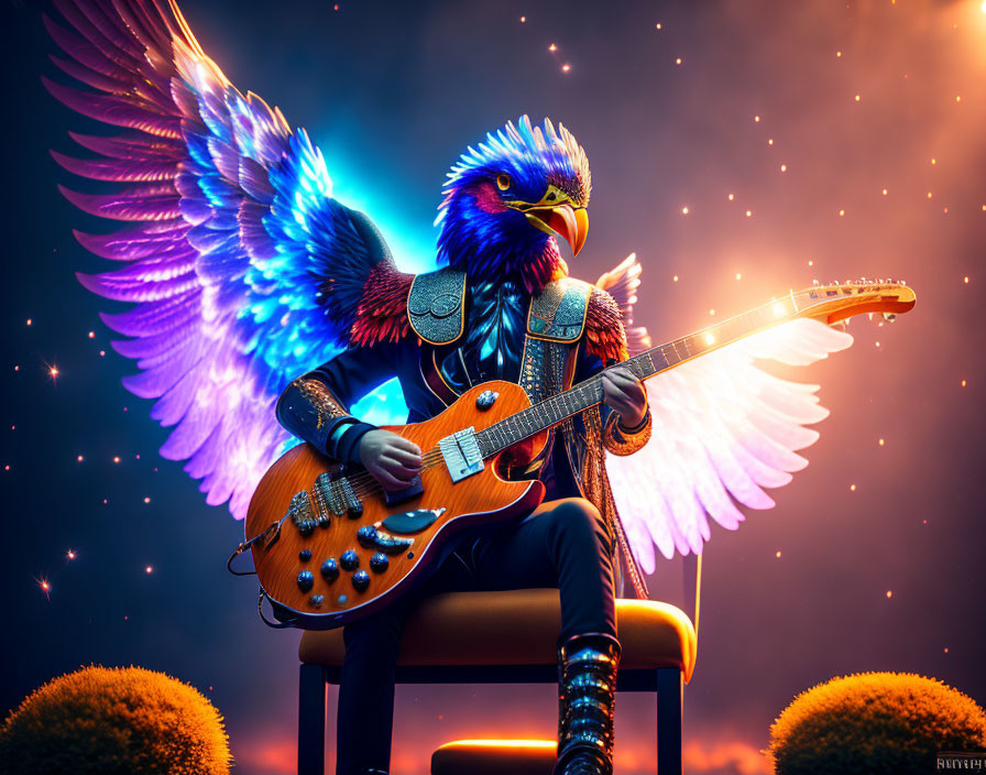 Colorful anthropomorphic eagle playing electric guitar on dark blue background