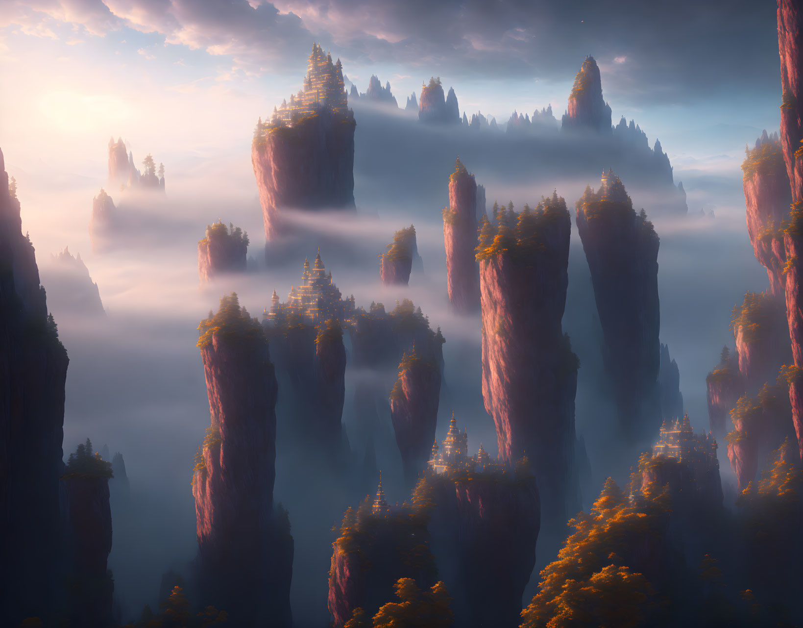 Ancient temples on misty mountain peaks at sunrise