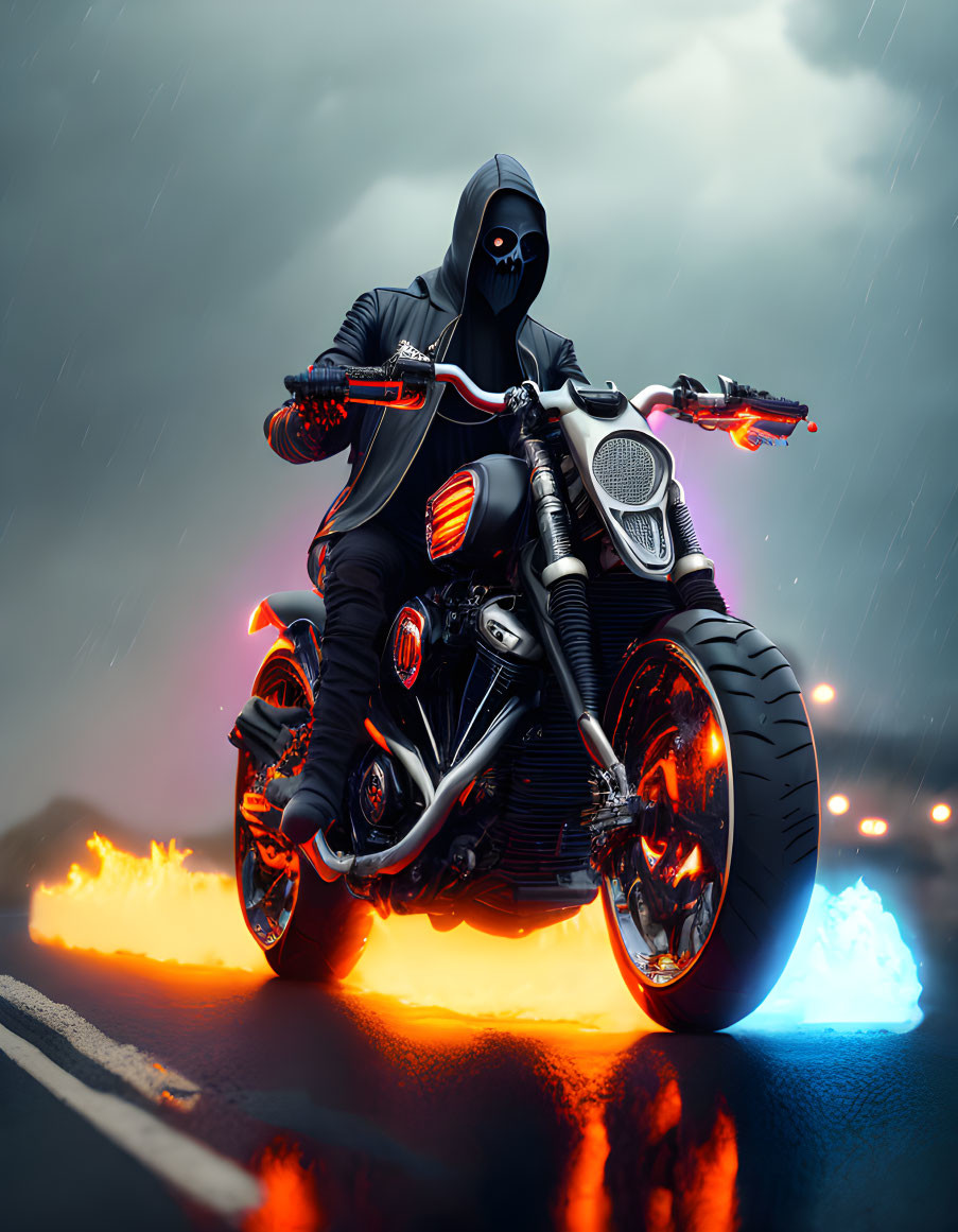 Person in hoodie on motorcycle with glowing red accents riding on wet road under stormy sky.