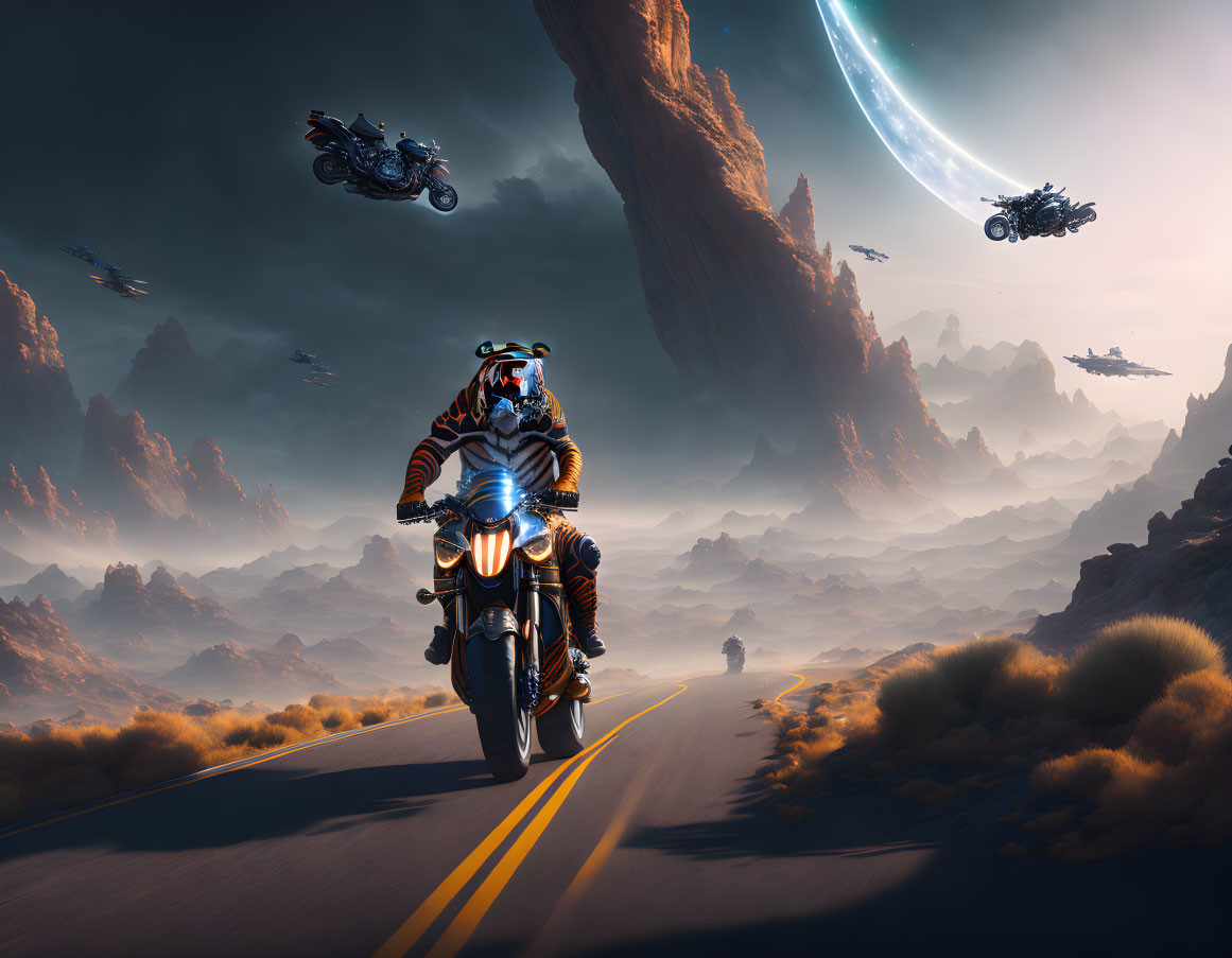 Futuristic motorcycle rider in desert landscape with towering rock formations