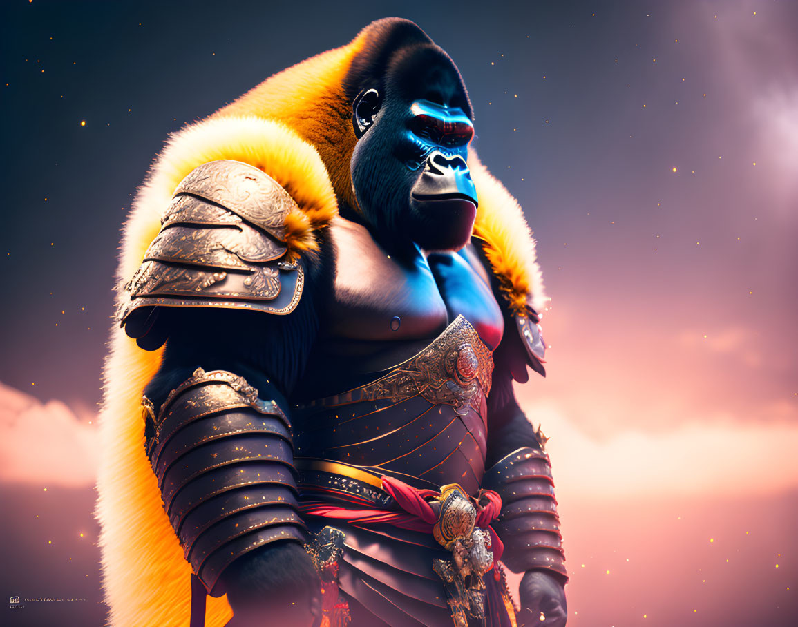 Anthropomorphic gorilla in fantasy armor against dramatic sky