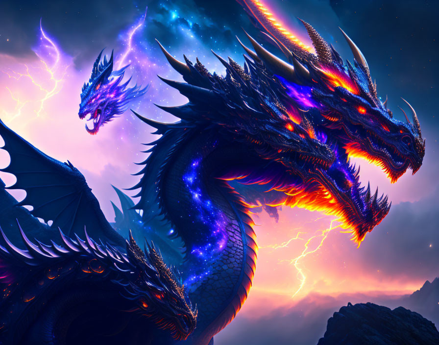 Vibrant blue and orange dragon in stormy sky with lightning