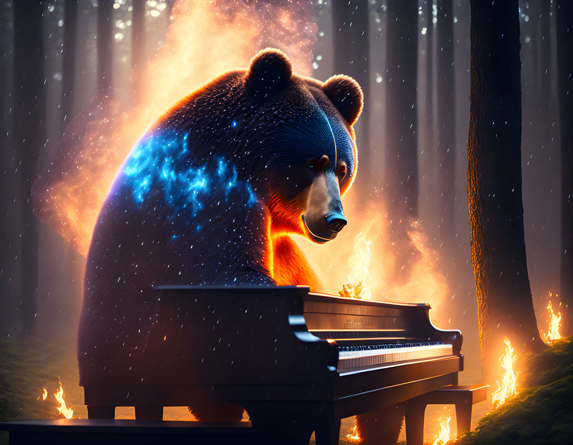 Bear with fiery cosmic aura at piano in mystical forest