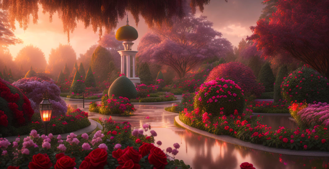 Tranquil garden at dusk with pink and red flowers, serene pond, winding pathways, white pillar