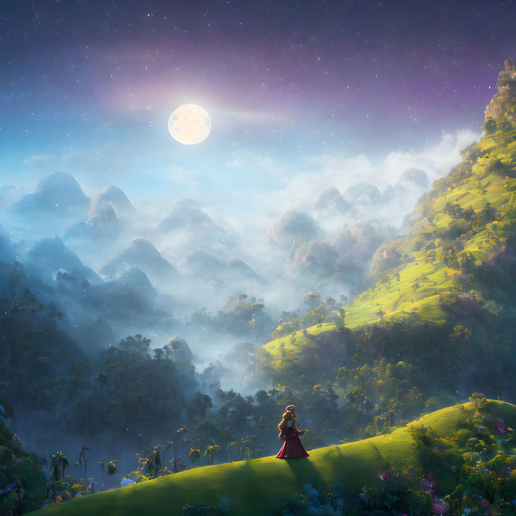 Person on Lush Green Hill Overlooking Misty Mountains at Night