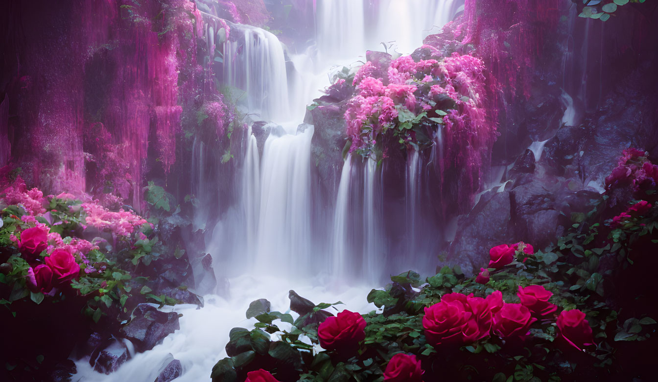 Mystical waterfall surrounded by lush foliage and vibrant flowers