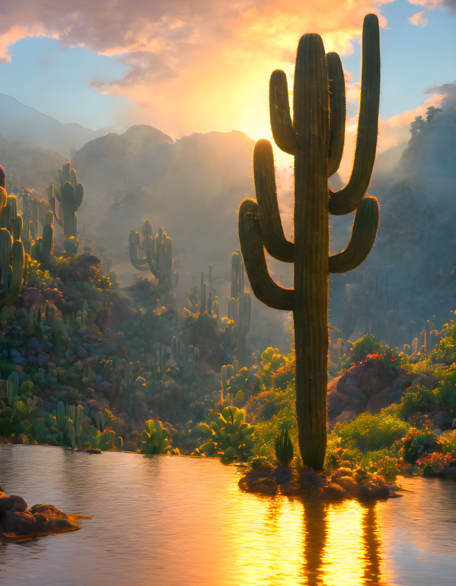 Desert sunrise: Saguaro cactus by reflective water