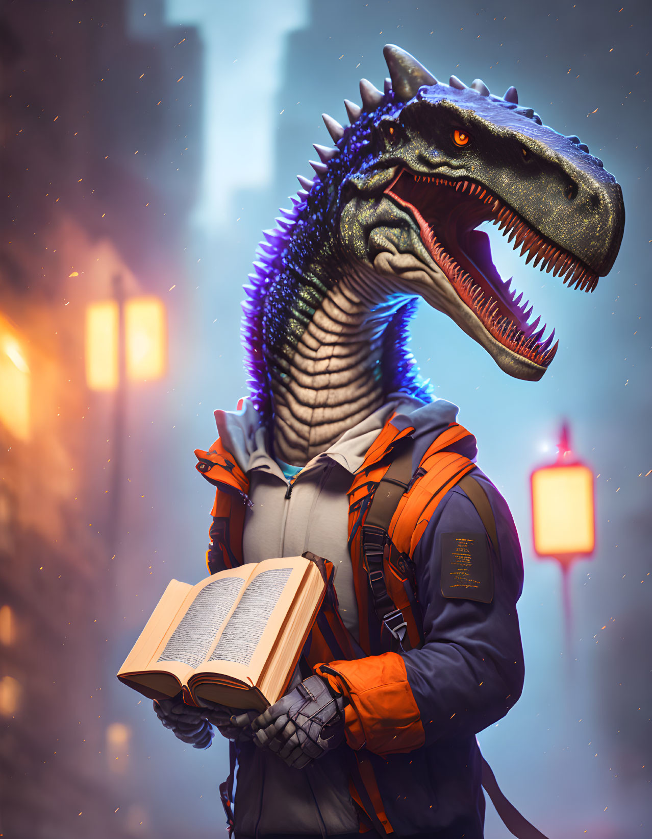 Dinosaur-like creature with backpack and book in glowing cityscape