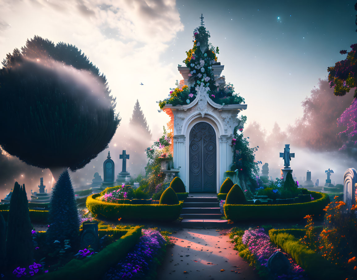 Mystical dusk cemetery with vibrant flowers and ornate tombstones