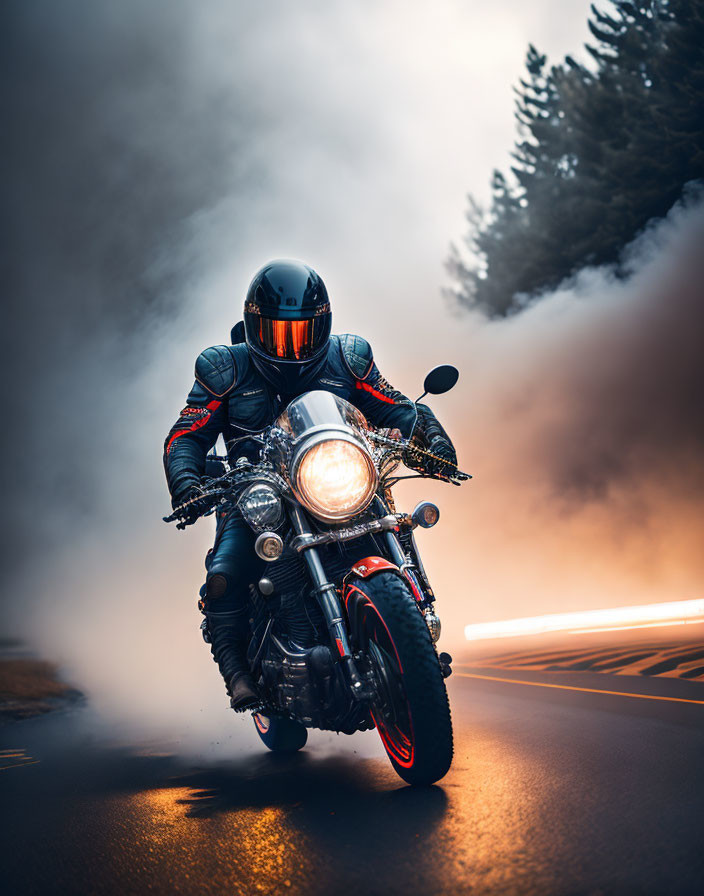 Motorcyclist in black gear rides classic bike on misty asphalt road.