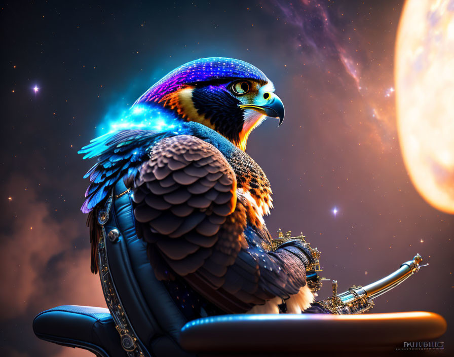 Vibrant anthropomorphic eagle in ornate chair against cosmic backdrop