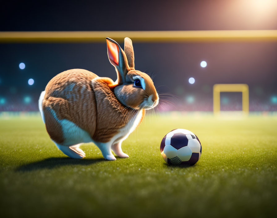 Illustration of a brown rabbit with expressive eyes beside a soccer ball on a green field