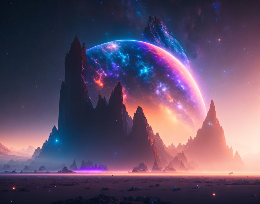 Surreal landscape with towering rocky spires and oversized fantastical planet under starry sky