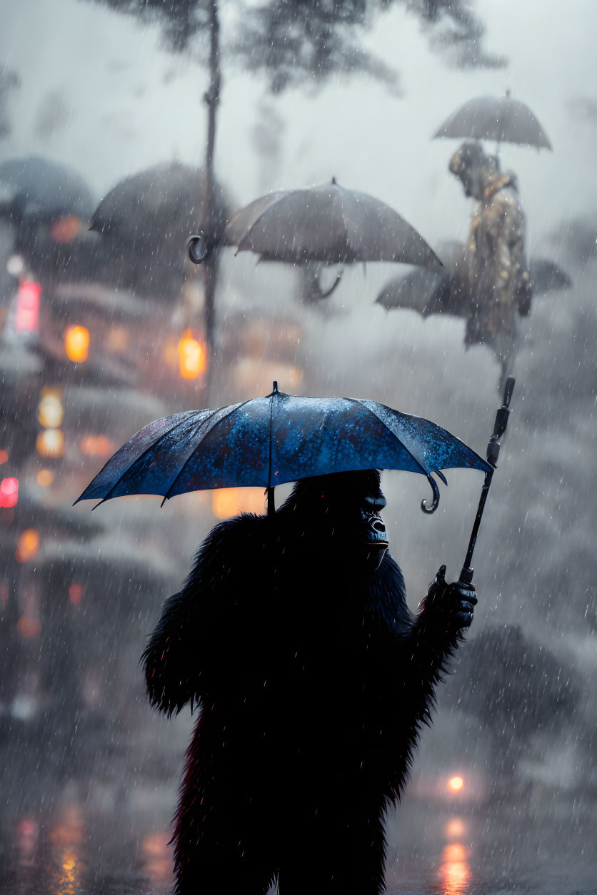 Silhouette of two people with umbrellas in rain and bokeh lights